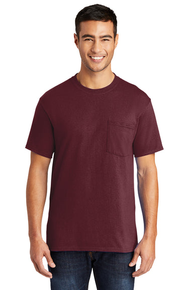 Port & Company PC55P/PC55PT Mens Core Short Sleeve Crewneck T-Shirt w/ Pocket Athletic Maroon Model Front