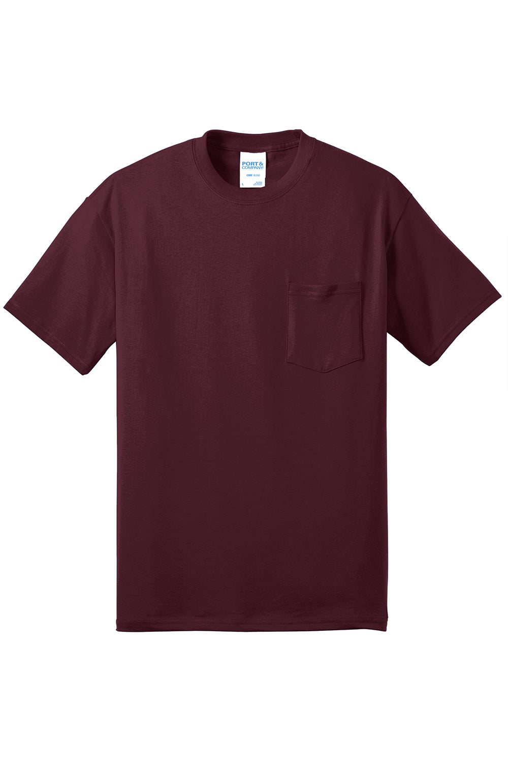 Port & Company PC55P/PC55PT Mens Core Short Sleeve Crewneck T-Shirt w/ Pocket Athletic Maroon Flat Front