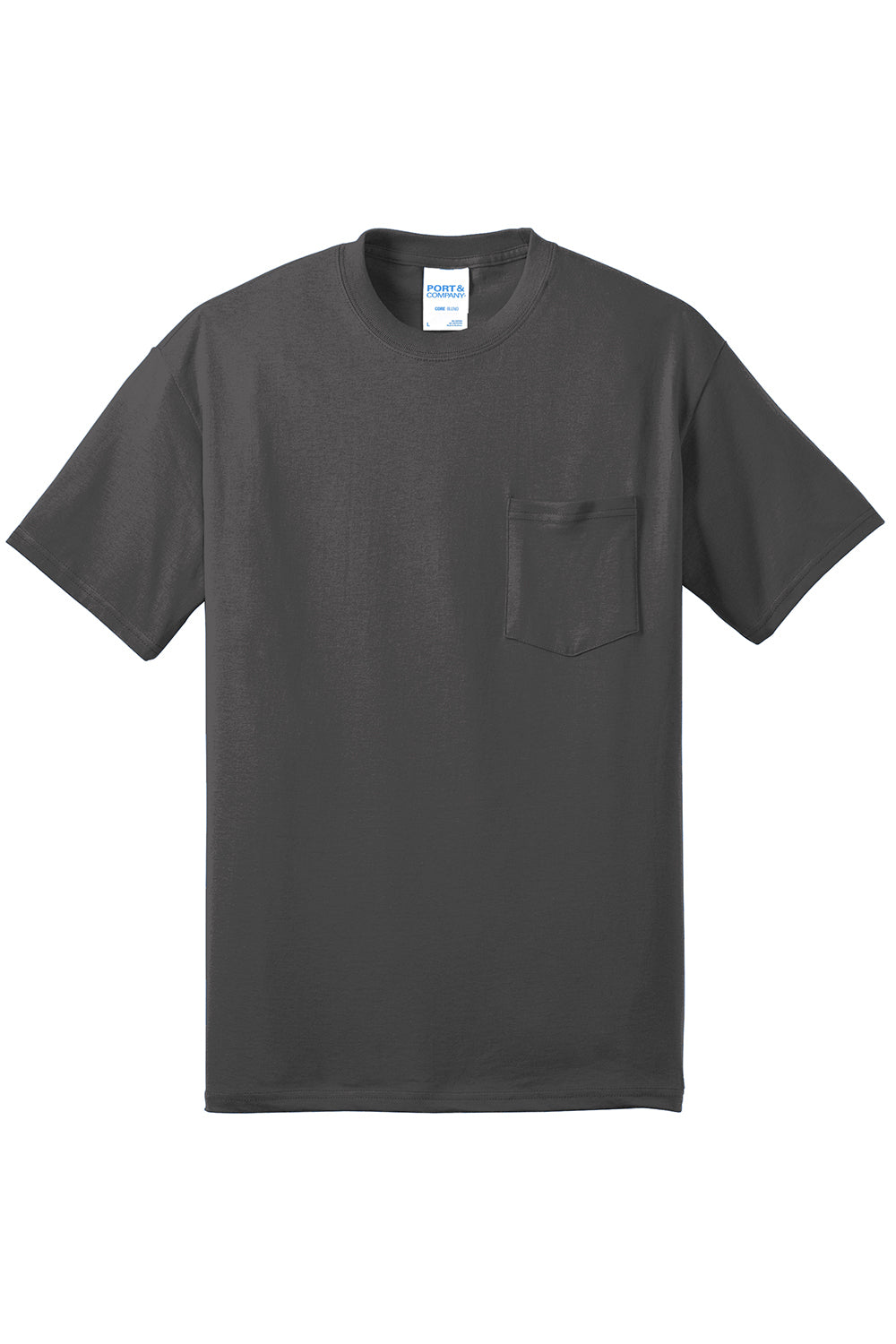 Port & Company PC55P/PC55PT Mens Core Short Sleeve Crewneck T-Shirt w/ Pocket Charcoal Grey Flat Front