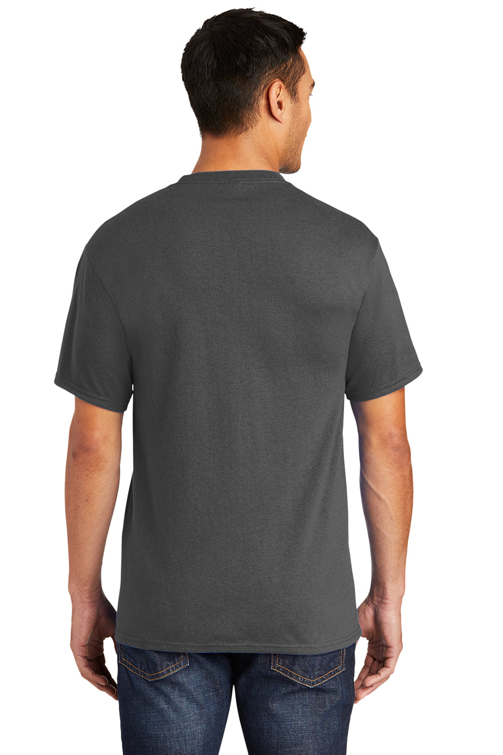 Port & Company PC55P/PC55PT Mens Core Short Sleeve Crewneck T-Shirt w/ Pocket Charcoal Grey Model Back