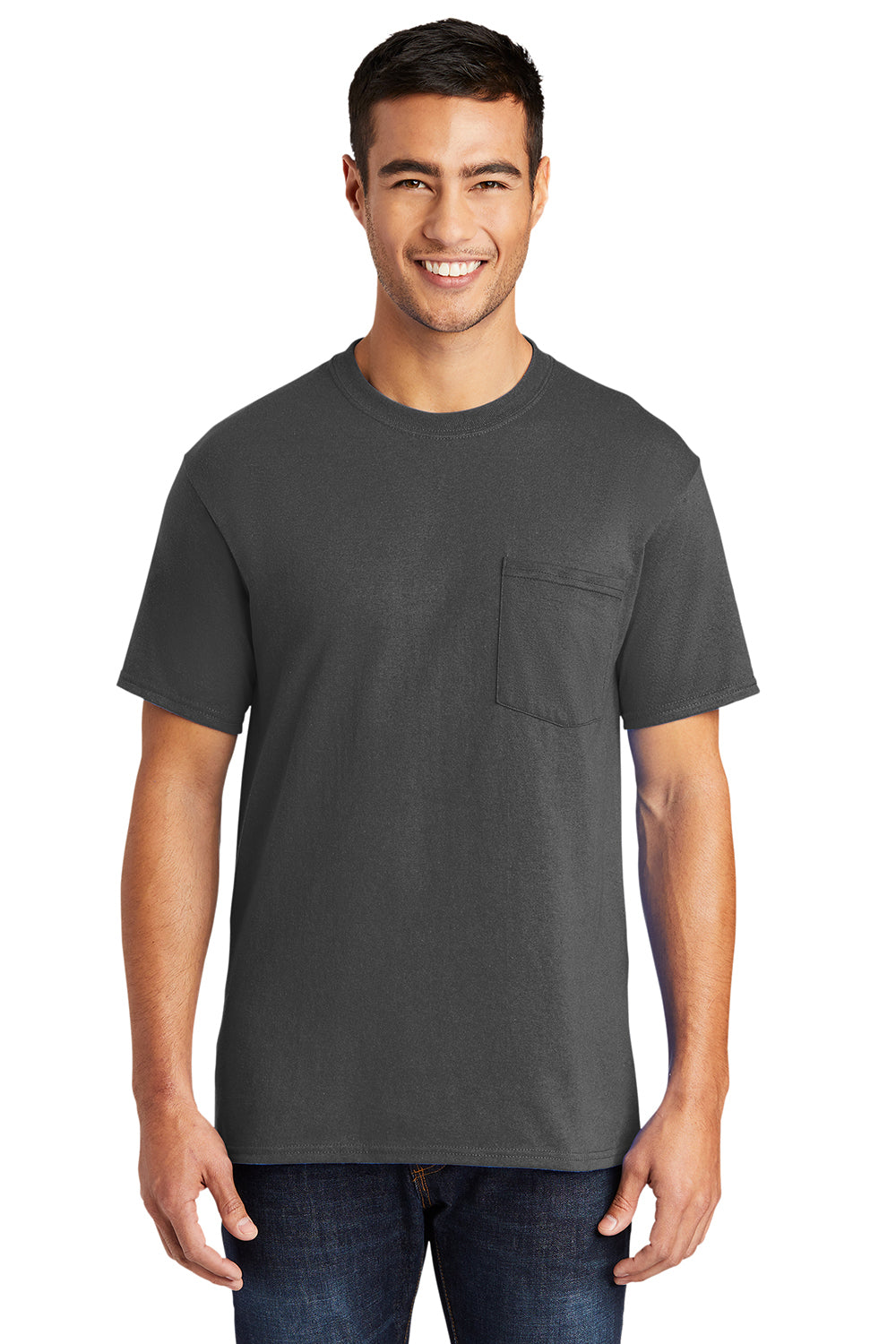 Port & Company PC55P/PC55PT Mens Core Short Sleeve Crewneck T-Shirt w/ Pocket Charcoal Grey Model Front