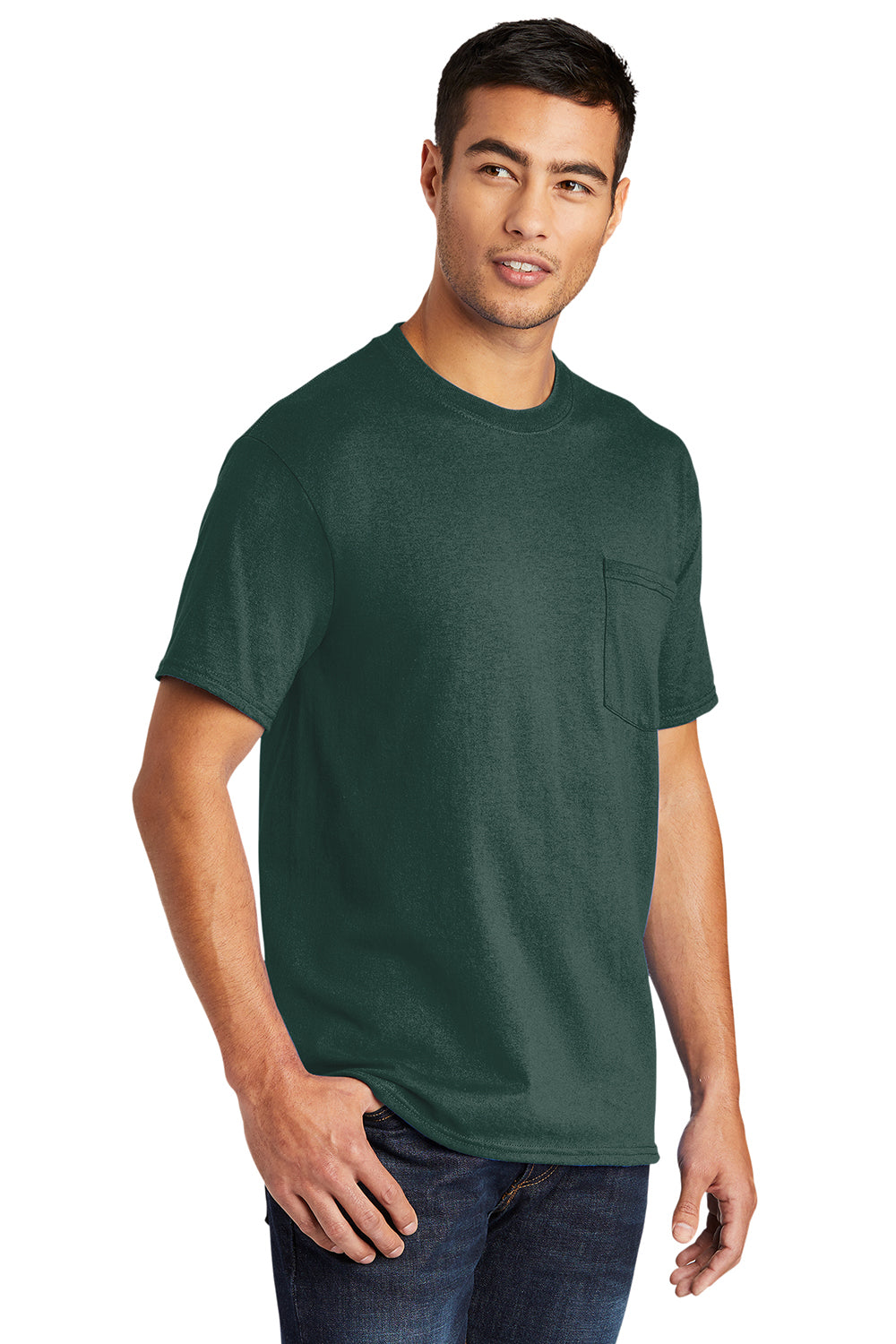 Port & Company PC55P/PC55PT Mens Core Short Sleeve Crewneck T-Shirt w/ Pocket Dark Green Model 3q