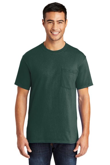 Port & Company PC55P/PC55PT Mens Core Short Sleeve Crewneck T-Shirt w/ Pocket Dark Green Model Front