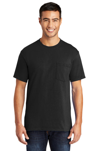 Port & Company PC55P/PC55PT Mens Core Short Sleeve Crewneck T-Shirt w/ Pocket Jet Black Model Front