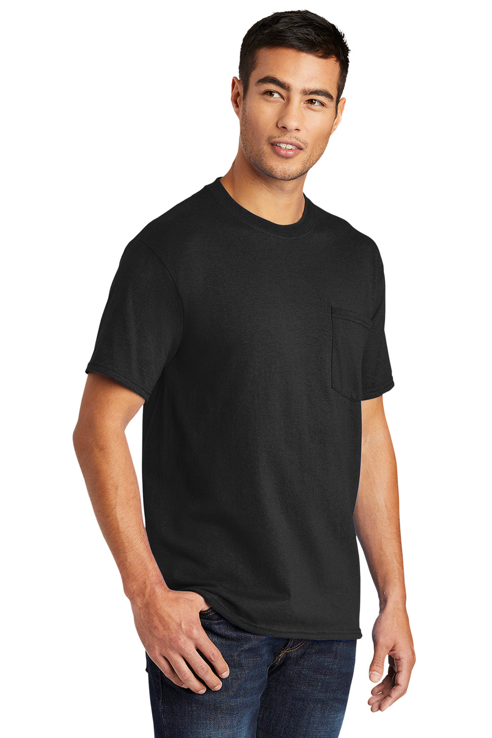 Port & Company PC55P/PC55PT Mens Core Short Sleeve Crewneck T-Shirt w/ Pocket Jet Black Model 3q