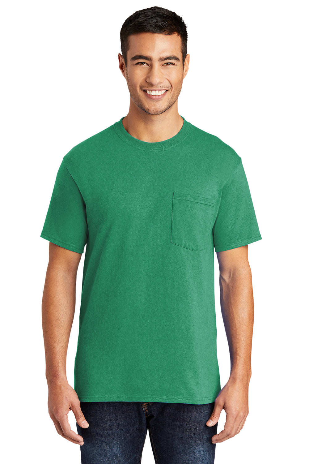 Port & Company PC55P/PC55PT Mens Core Short Sleeve Crewneck T-Shirt w/ Pocket Kelly Green Model Front