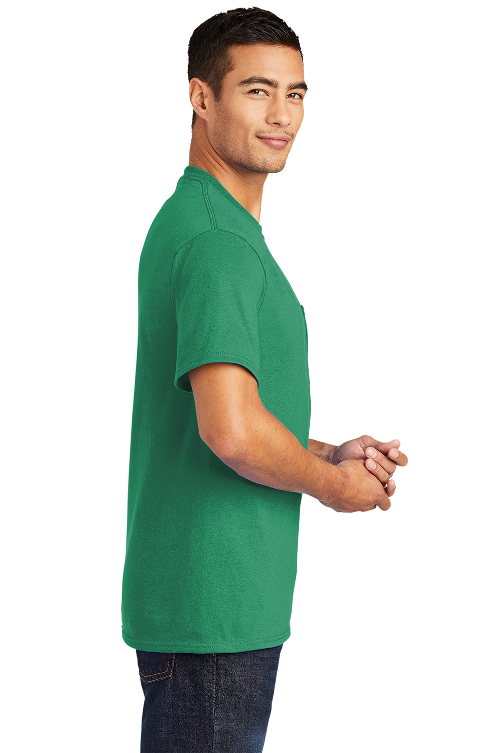 Port & Company PC55P/PC55PT Mens Core Short Sleeve Crewneck T-Shirt w/ Pocket Kelly Green Model Side