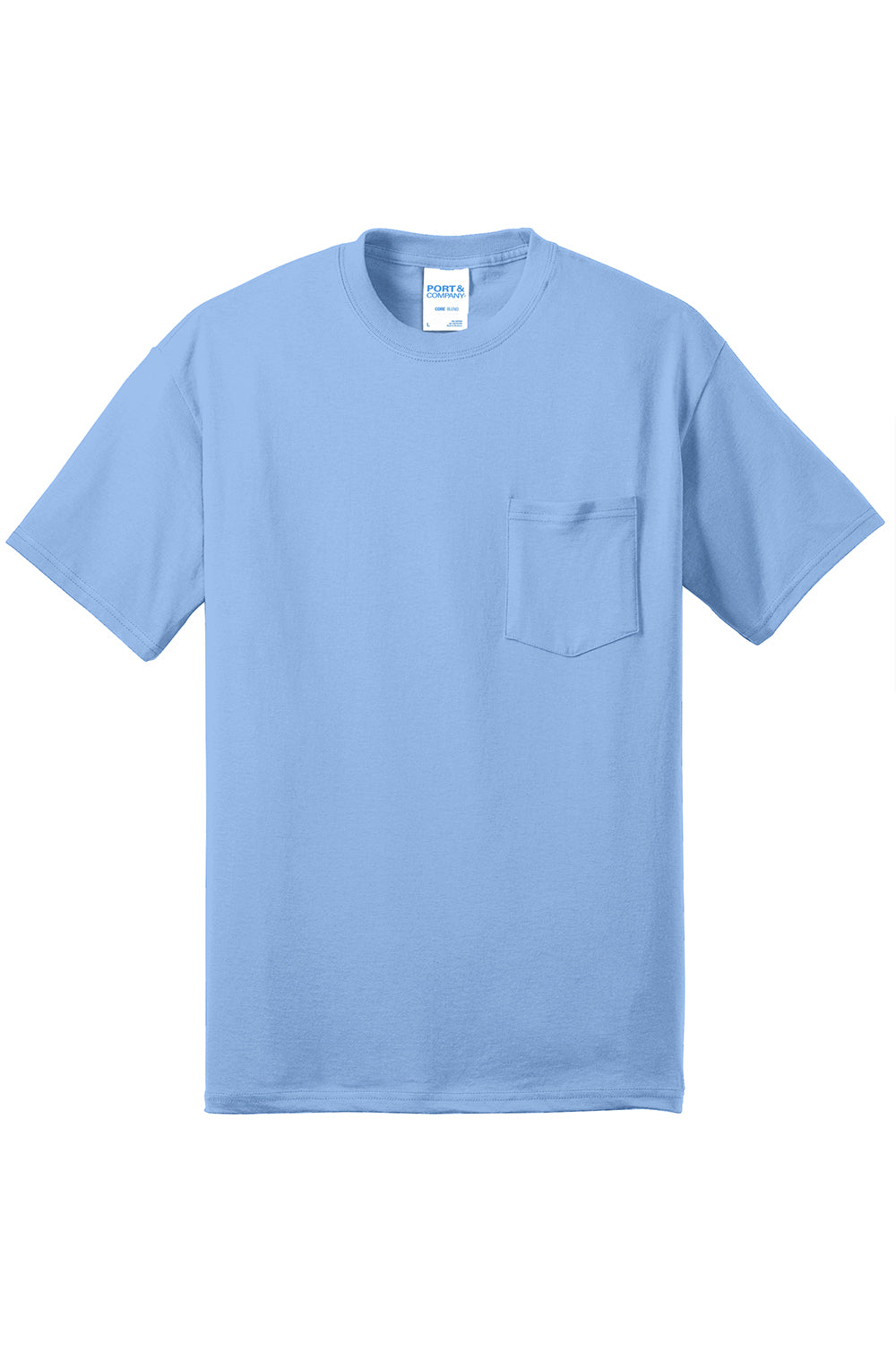 Port & Company PC55P/PC55PT Mens Core Short Sleeve Crewneck T-Shirt w/ Pocket Light Blue Flat Front