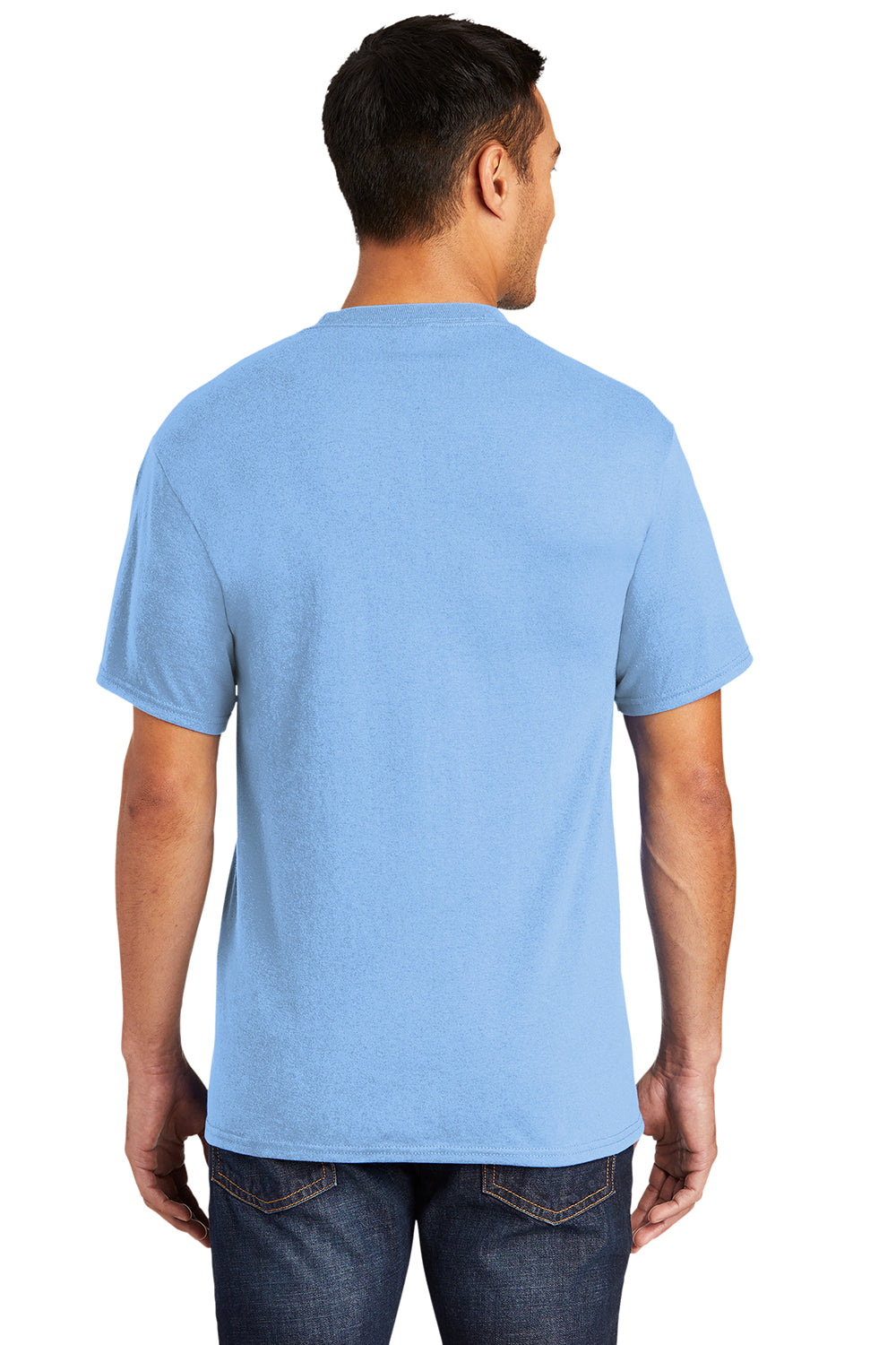 Port & Company PC55P/PC55PT Mens Core Short Sleeve Crewneck T-Shirt w/ Pocket Light Blue Model Back