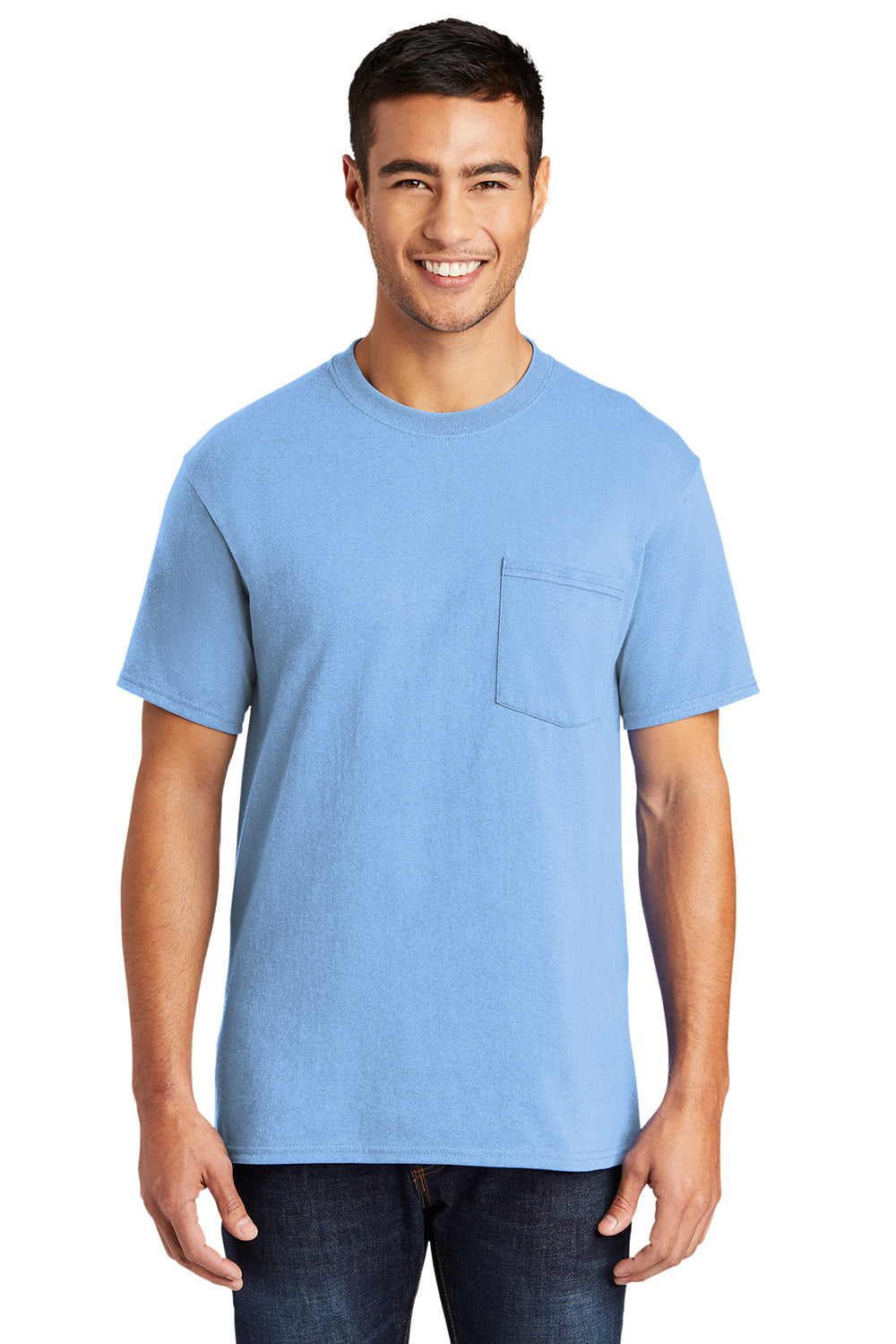 Port & Company PC55P/PC55PT Mens Core Short Sleeve Crewneck T-Shirt w/ Pocket Light Blue Model Front