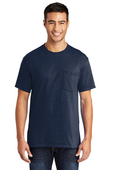 Port & Company PC55P/PC55PT Mens Core Short Sleeve Crewneck T-Shirt w/ Pocket Navy Blue Model Front