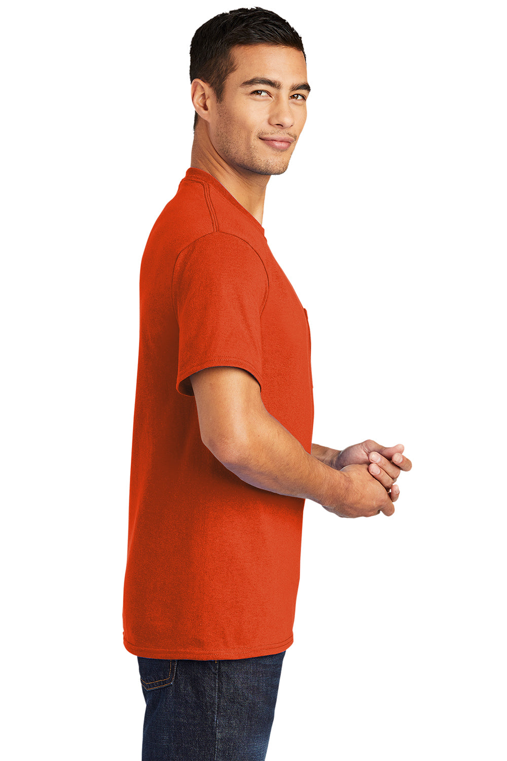 Port & Company PC55P/PC55PT Mens Core Short Sleeve Crewneck T-Shirt w/ Pocket Orange Model Side