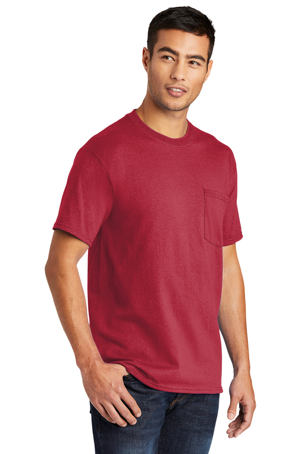 Port & Company PC55P/PC55PT Mens Core Short Sleeve Crewneck T-Shirt w/ Pocket Red Model 3q