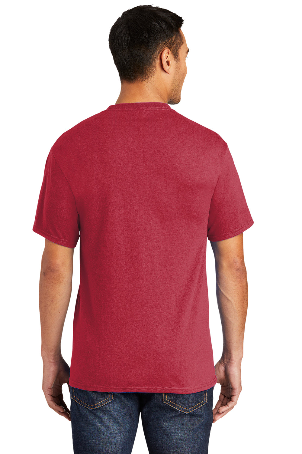 Port & Company PC55P/PC55PT Mens Core Short Sleeve Crewneck T-Shirt w/ Pocket Red Model Back