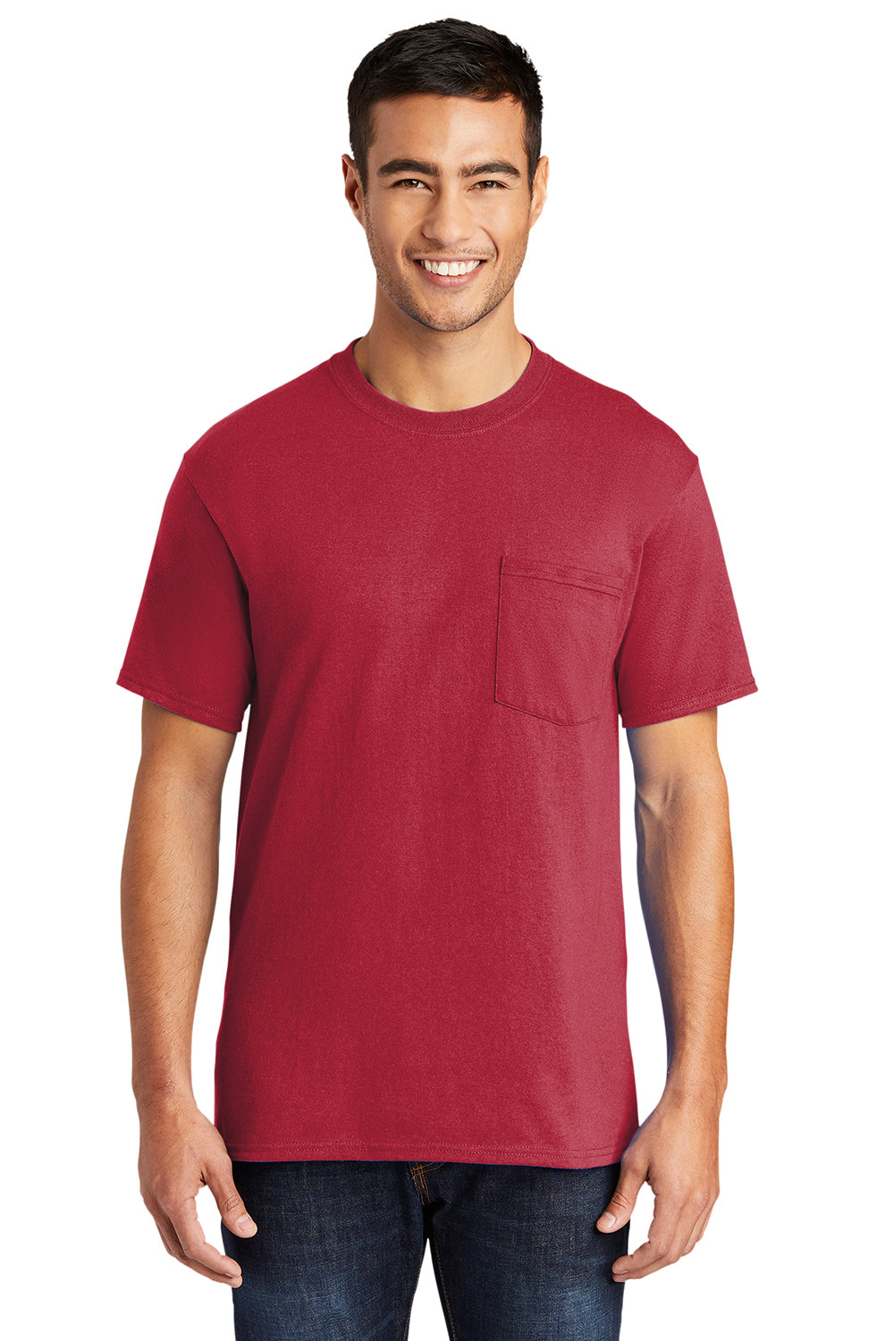 Port & Company PC55P/PC55PT Mens Core Short Sleeve Crewneck T-Shirt w/ Pocket Red Model Front