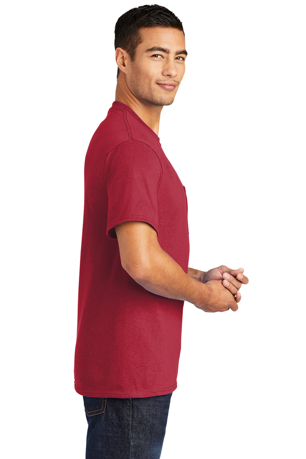 Port & Company PC55P/PC55PT Mens Core Short Sleeve Crewneck T-Shirt w/ Pocket Red Model Side