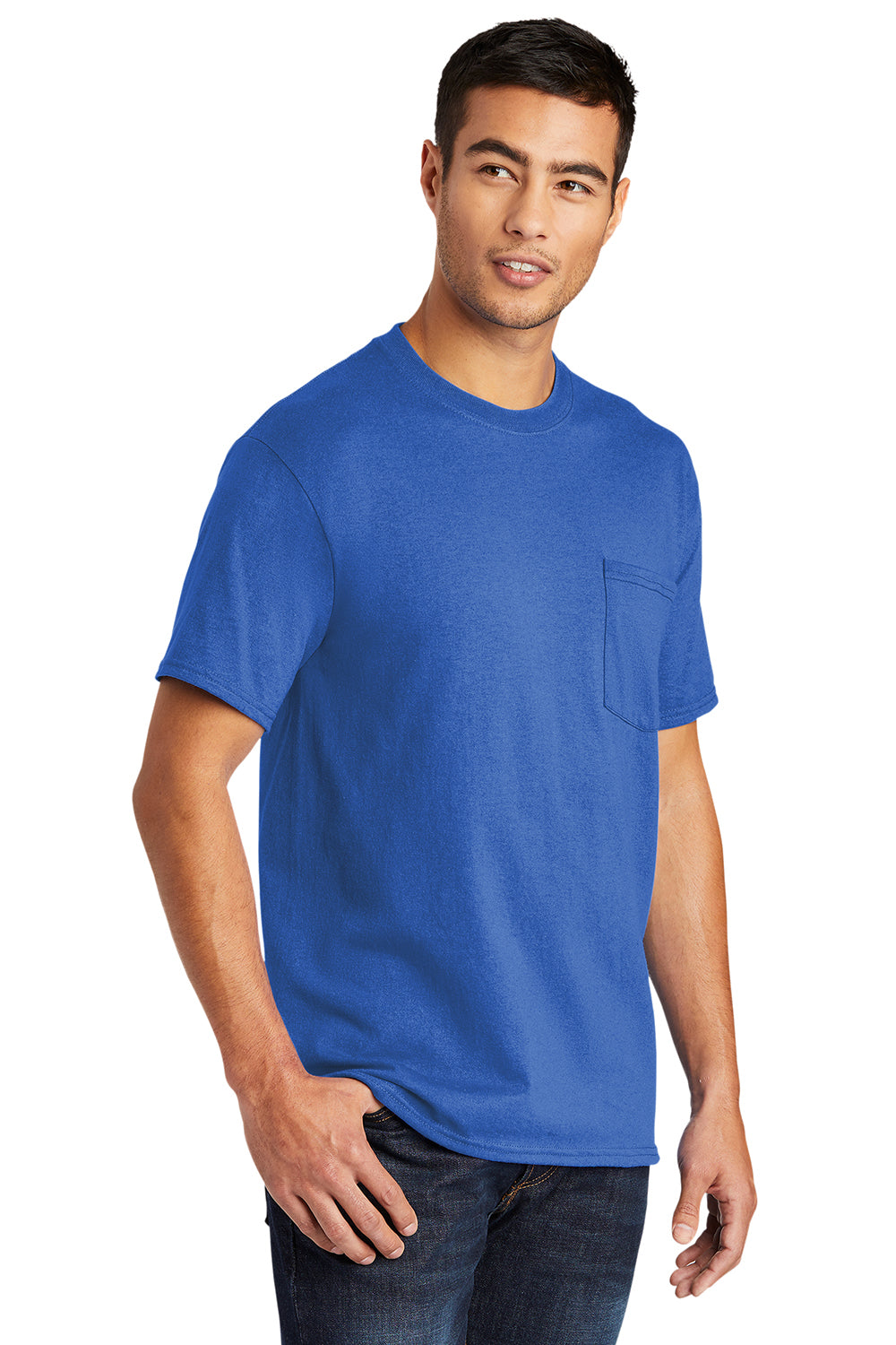 Port & Company PC55P/PC55PT Mens Core Short Sleeve Crewneck T-Shirt w/ Pocket Royal Blue Model 3q