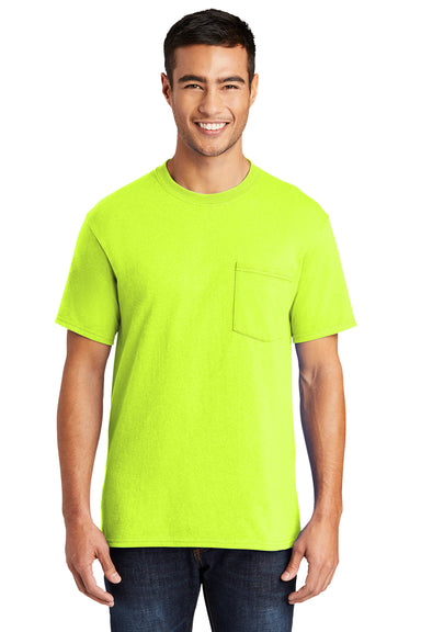 Port & Company PC55P/PC55PT Mens Core Short Sleeve Crewneck T-Shirt w/ Pocket Safety Green Model Front