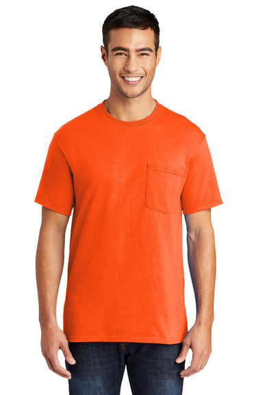 Port & Company PC55P/PC55PT Mens Core Short Sleeve Crewneck T-Shirt w/ Pocket Safety Orange Model Front