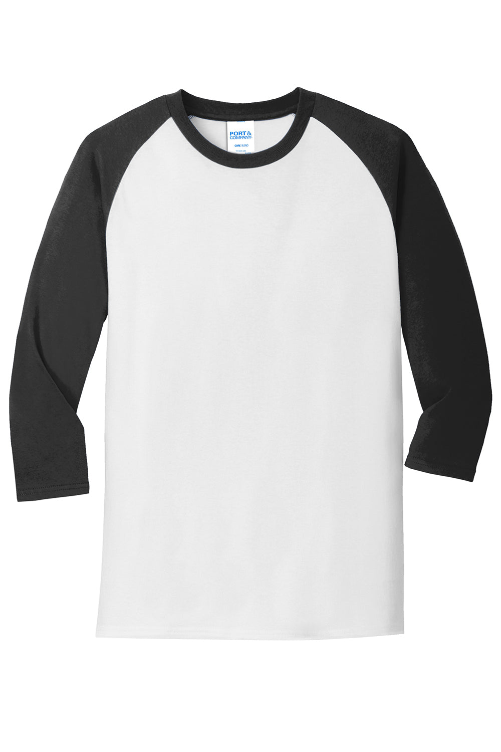 Port & Company PC55RS Mens Core Moisture Wicking 3/4 Sleeve Crewneck T-Shirt White/Jet Black Flat Front