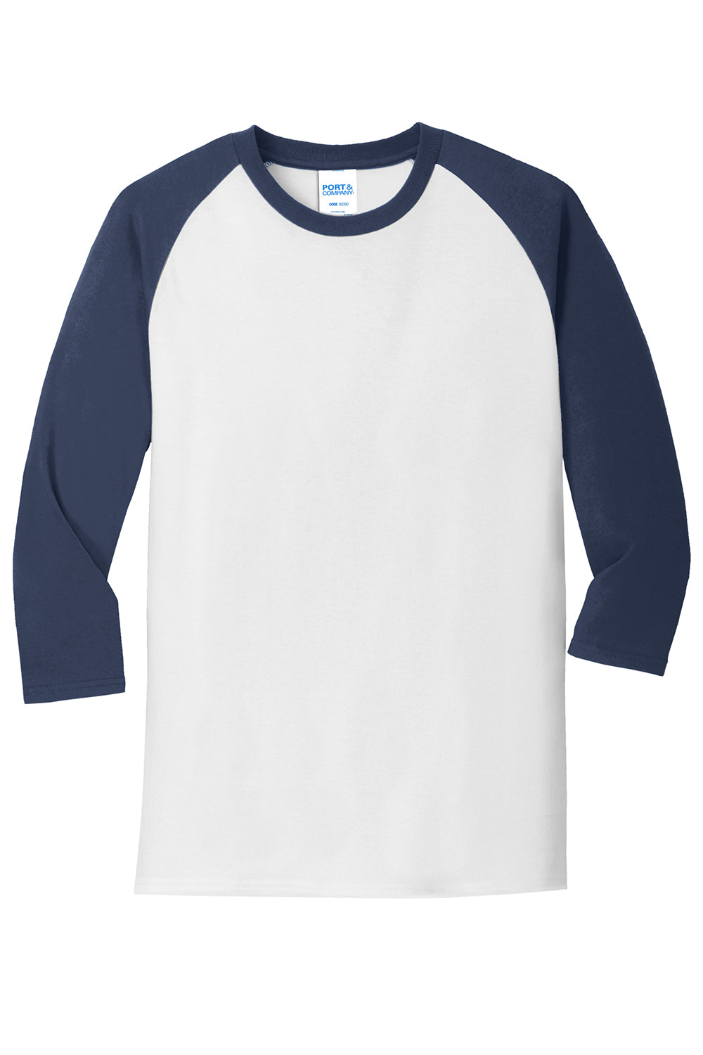 Port & Company PC55RS Mens Core Moisture Wicking 3/4 Sleeve Crewneck T-Shirt White/Navy Blue Flat Front