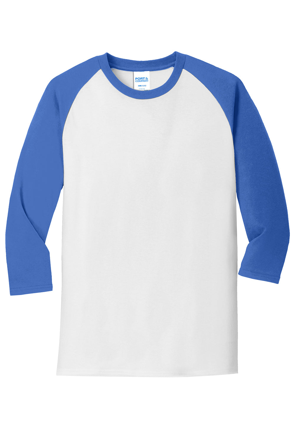 Port & Company PC55RS Mens Core Moisture Wicking 3/4 Sleeve Crewneck T-Shirt White/Royal Blue Flat Front