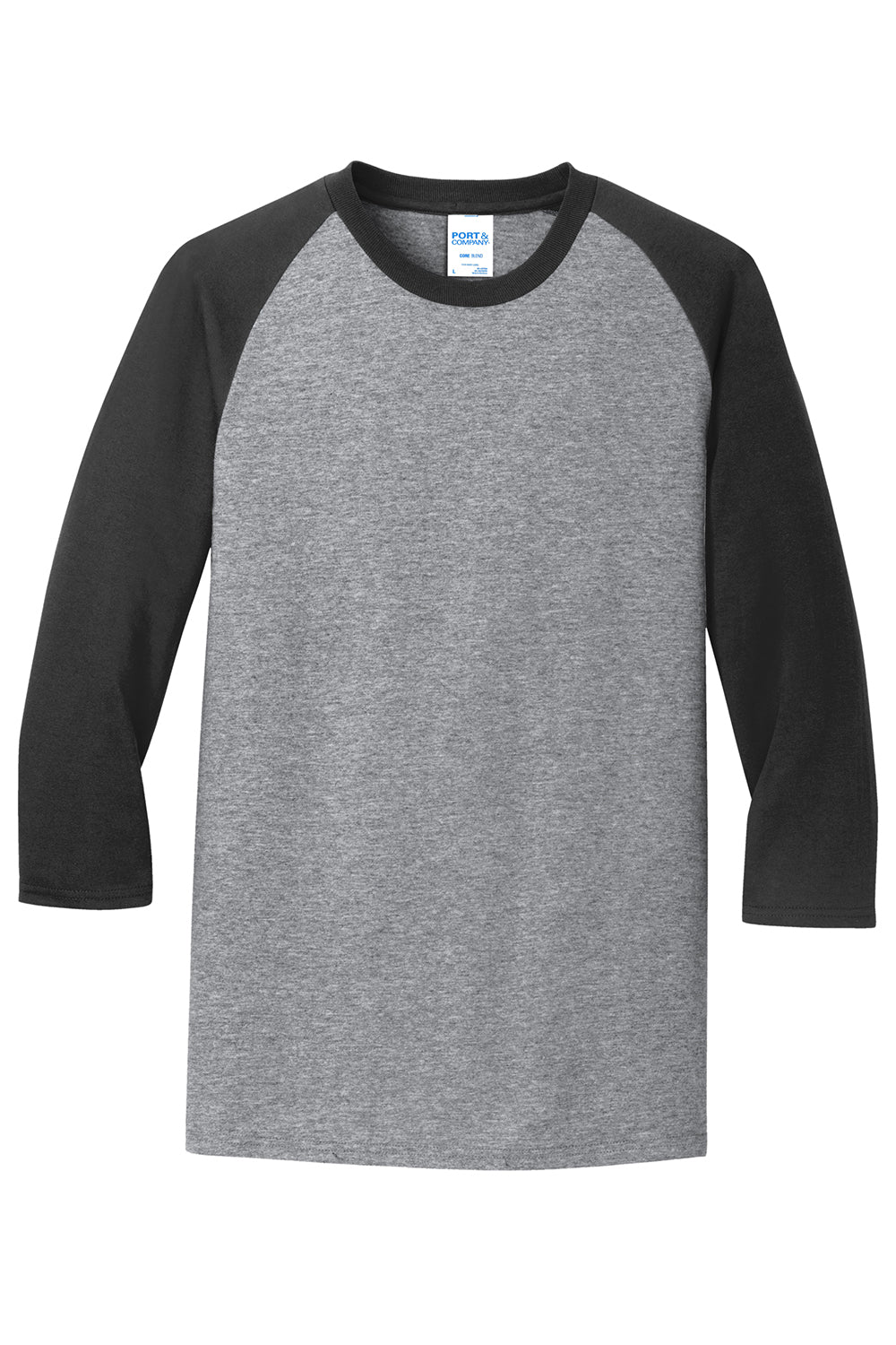 Port & Company PC55RS Mens Core Moisture Wicking 3/4 Sleeve Crewneck T-Shirt Heather Grey/Jet Black Flat Front