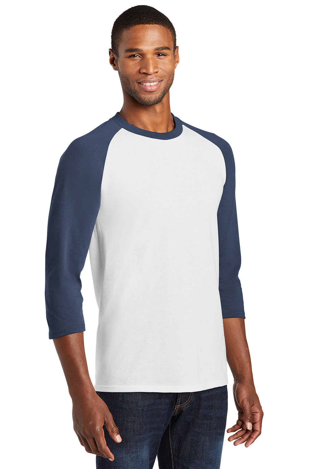 Port & Company PC55RS Mens Core Moisture Wicking 3/4 Sleeve Crewneck T-Shirt White/Navy Blue Model 3q