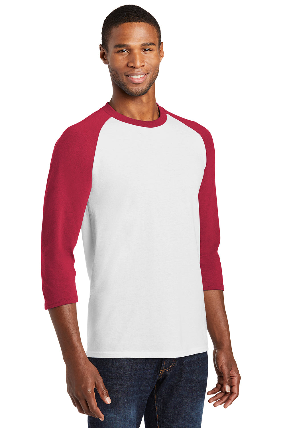 Port & Company PC55RS Mens Core Moisture Wicking 3/4 Sleeve Crewneck T-Shirt White/Red Model 3q