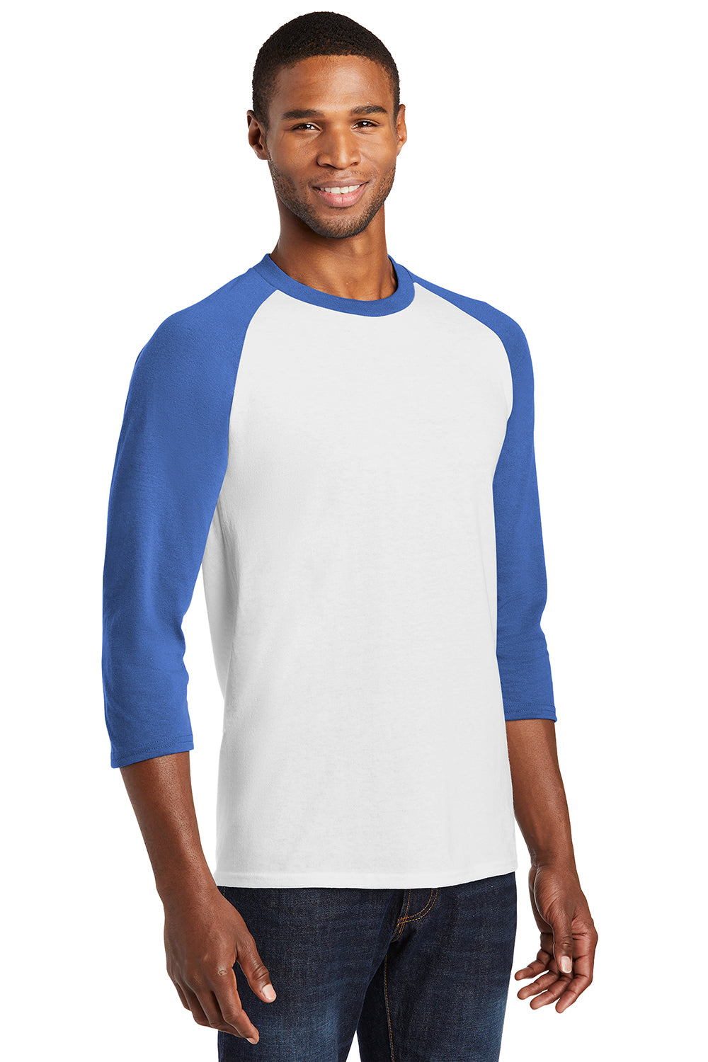 Port & Company PC55RS Mens Core Moisture Wicking 3/4 Sleeve Crewneck T-Shirt White/Royal Blue Model 3q