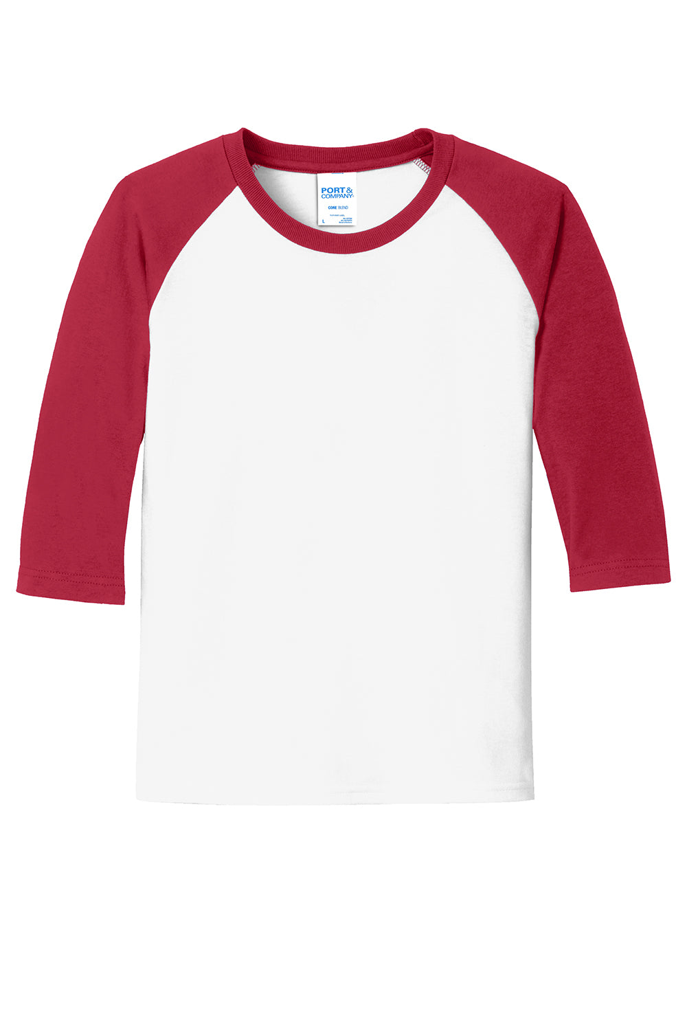 Port & Company PC55YRS Youth Core Moisture Wicking 3/4 Sleeve Crewneck T-Shirt White/Red Flat Front