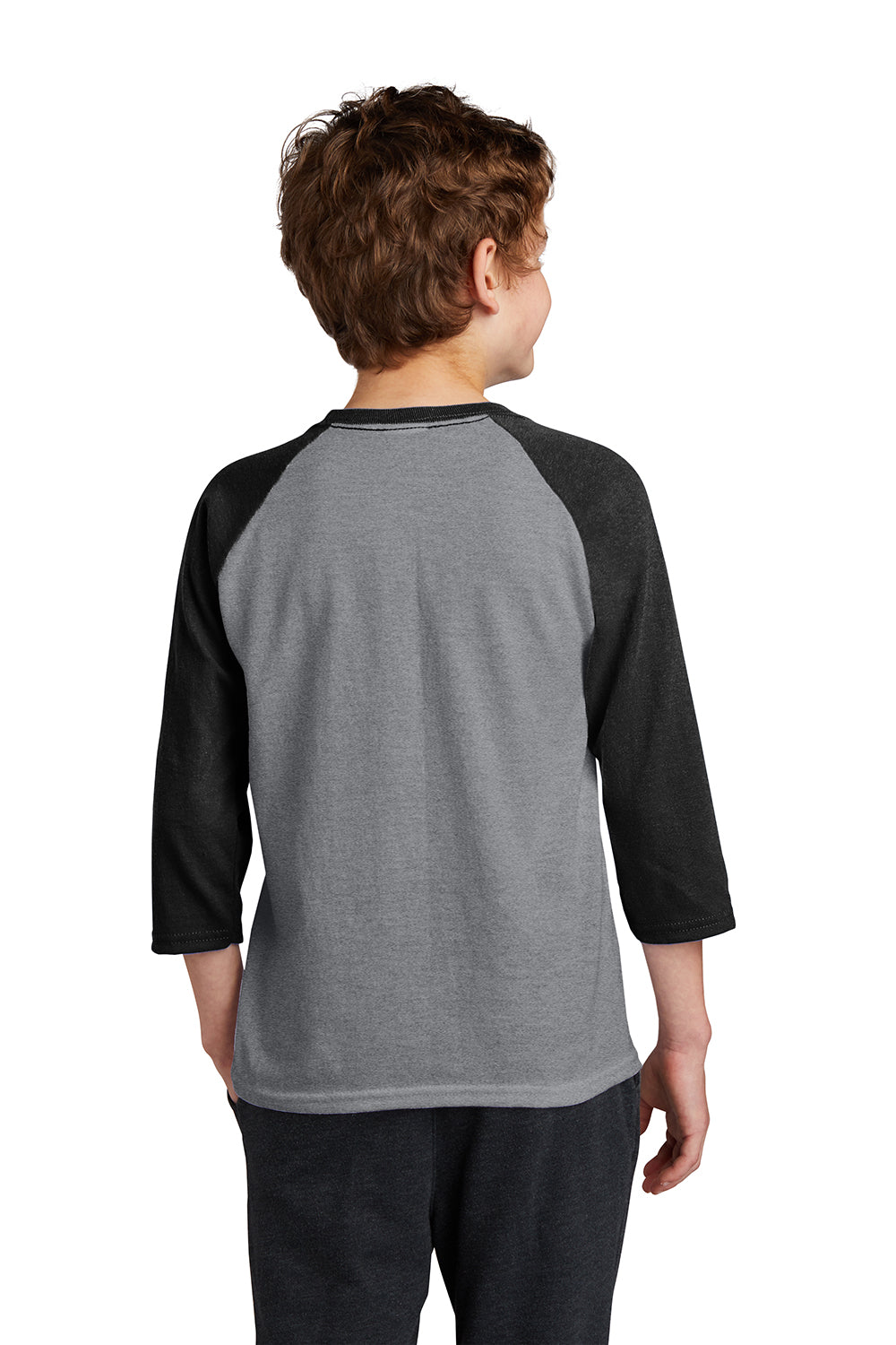 Port & Company PC55YRS Youth Core Moisture Wicking 3/4 Sleeve Crewneck T-Shirt Heather Grey/Jet Black Model Back