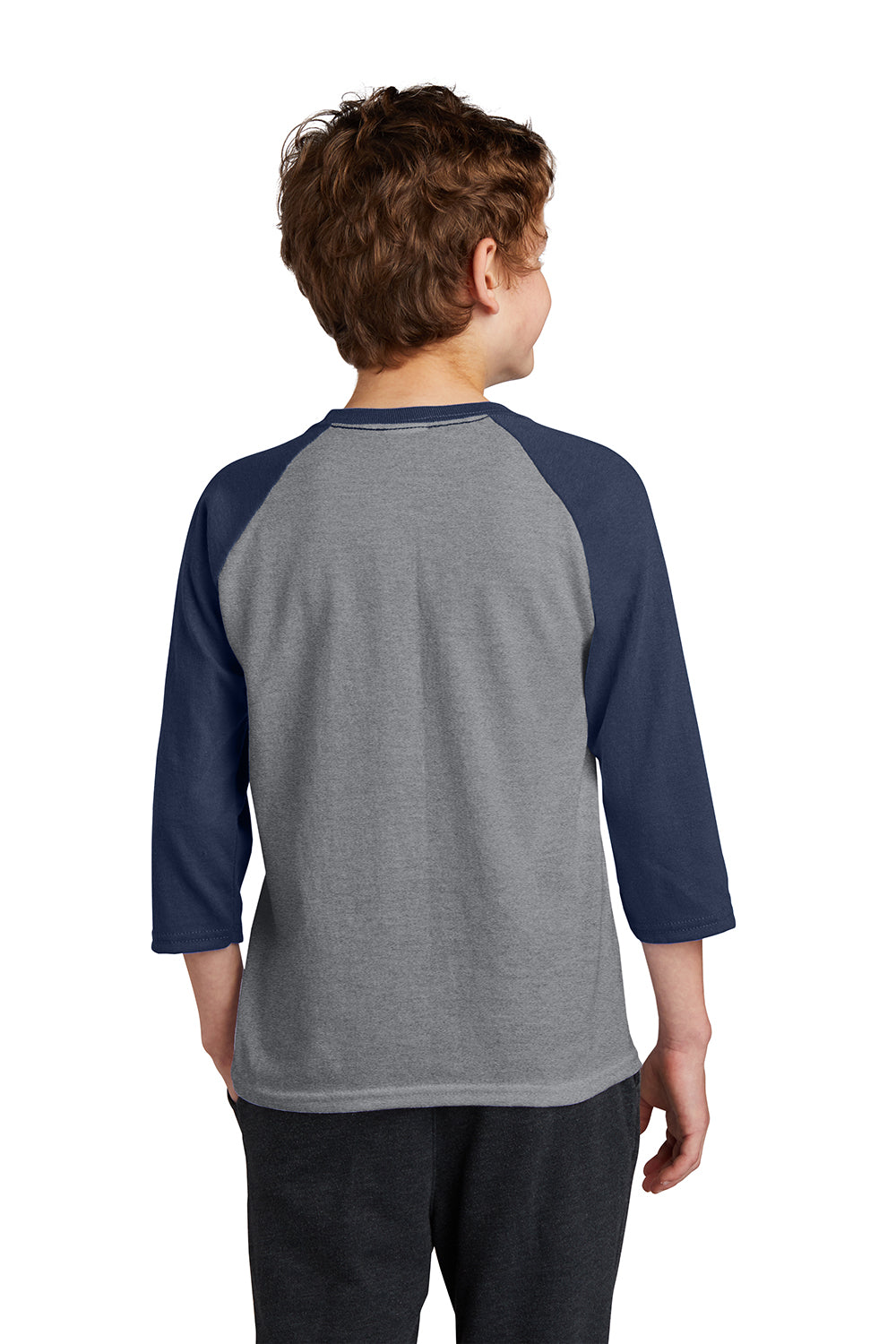 Port & Company PC55YRS Youth Core Moisture Wicking 3/4 Sleeve Crewneck T-Shirt Heather Grey/Navy Blue Model Back