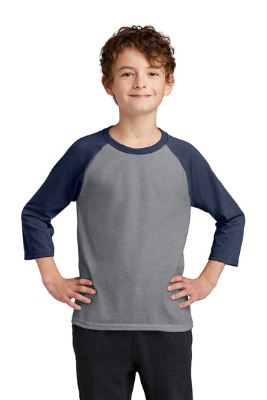 Port & Company PC55YRS Youth Core Moisture Wicking 3/4 Sleeve Crewneck T-Shirt Heather Grey/Navy Blue Model Front