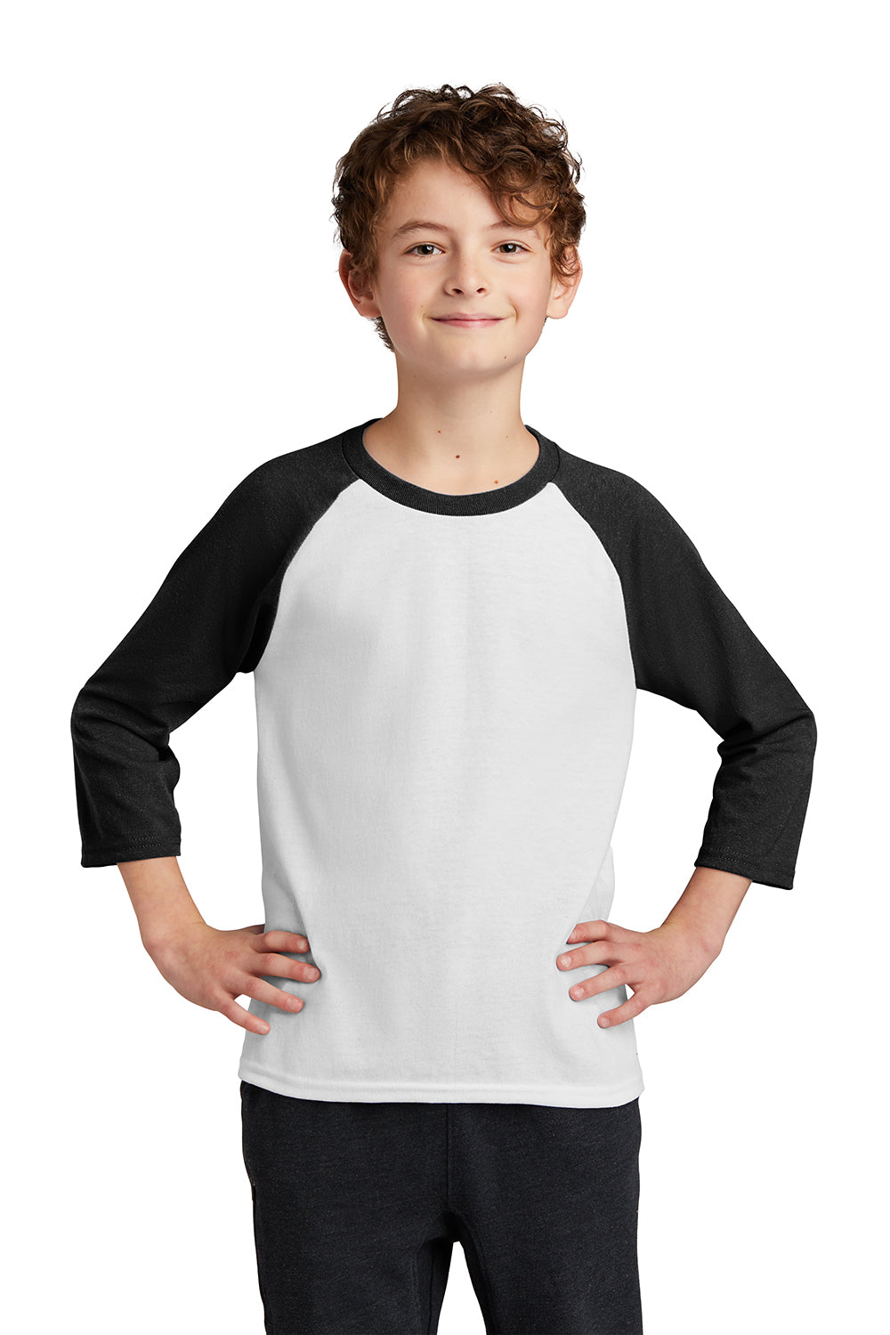 Port & Company PC55YRS Youth Core Moisture Wicking 3/4 Sleeve Crewneck T-Shirt White/Jet Black Model Front