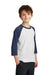 Port & Company PC55YRS Youth Core Moisture Wicking 3/4 Sleeve Crewneck T-Shirt White/Navy Blue Model 3q