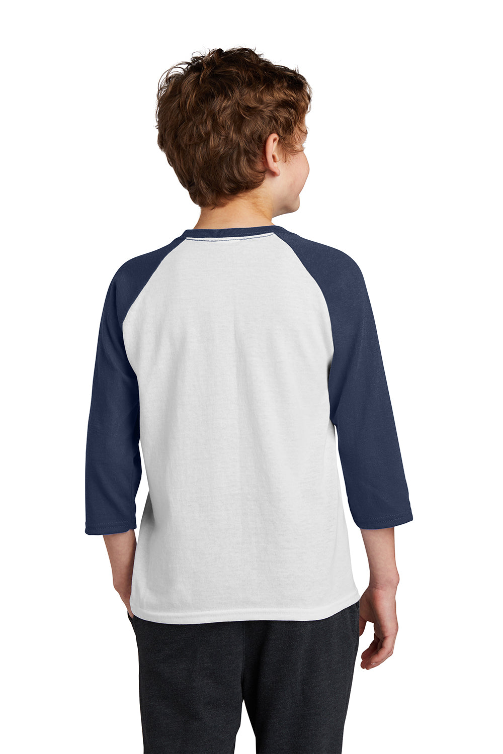 Port & Company PC55YRS Youth Core Moisture Wicking 3/4 Sleeve Crewneck T-Shirt White/Navy Blue Model Back