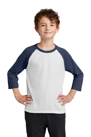 Port & Company PC55YRS Youth Core Moisture Wicking 3/4 Sleeve Crewneck T-Shirt White/Navy Blue Model Front