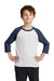 Port & Company PC55YRS Youth Core Moisture Wicking 3/4 Sleeve Crewneck T-Shirt White/Navy Blue Model Front