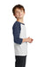 Port & Company PC55YRS Youth Core Moisture Wicking 3/4 Sleeve Crewneck T-Shirt White/Navy Blue Model Side