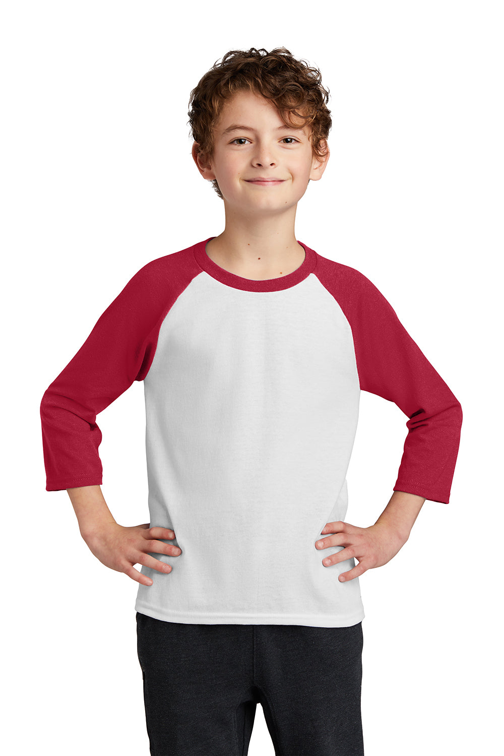 Port & Company PC55YRS Youth Core Moisture Wicking 3/4 Sleeve Crewneck T-Shirt White/Red Model Front