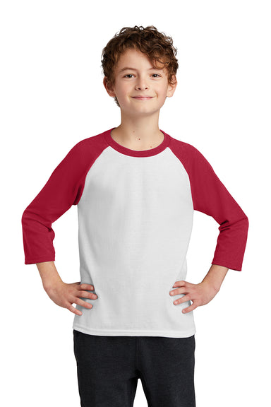 Port & Company PC55YRS Youth Core Moisture Wicking 3/4 Sleeve Crewneck T-Shirt White/Red Model Front