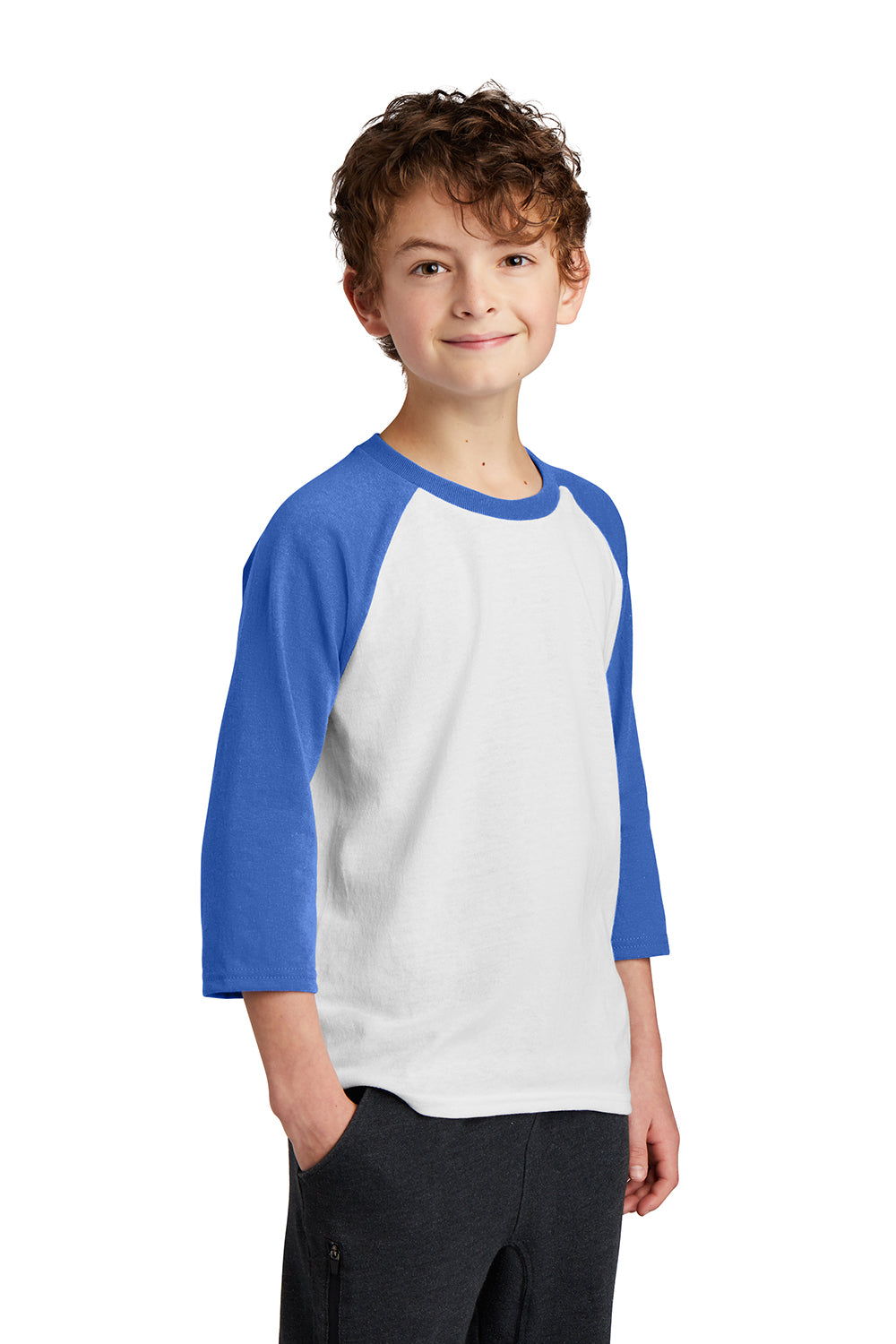 Port & Company PC55YRS Youth Core Moisture Wicking 3/4 Sleeve Crewneck T-Shirt White/Royal Blue Model 3q