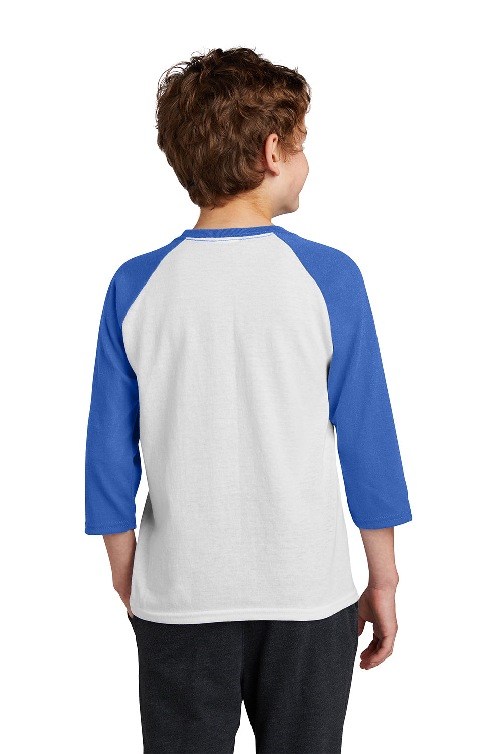 Port & Company PC55YRS Youth Core Moisture Wicking 3/4 Sleeve Crewneck T-Shirt White/Royal Blue Model Back