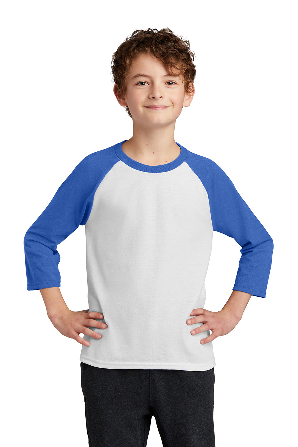 Port & Company PC55YRS Youth Core Moisture Wicking 3/4 Sleeve Crewneck T-Shirt White/Royal Blue Model Front