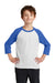 Port & Company PC55YRS Youth Core Moisture Wicking 3/4 Sleeve Crewneck T-Shirt White/Royal Blue Model Front