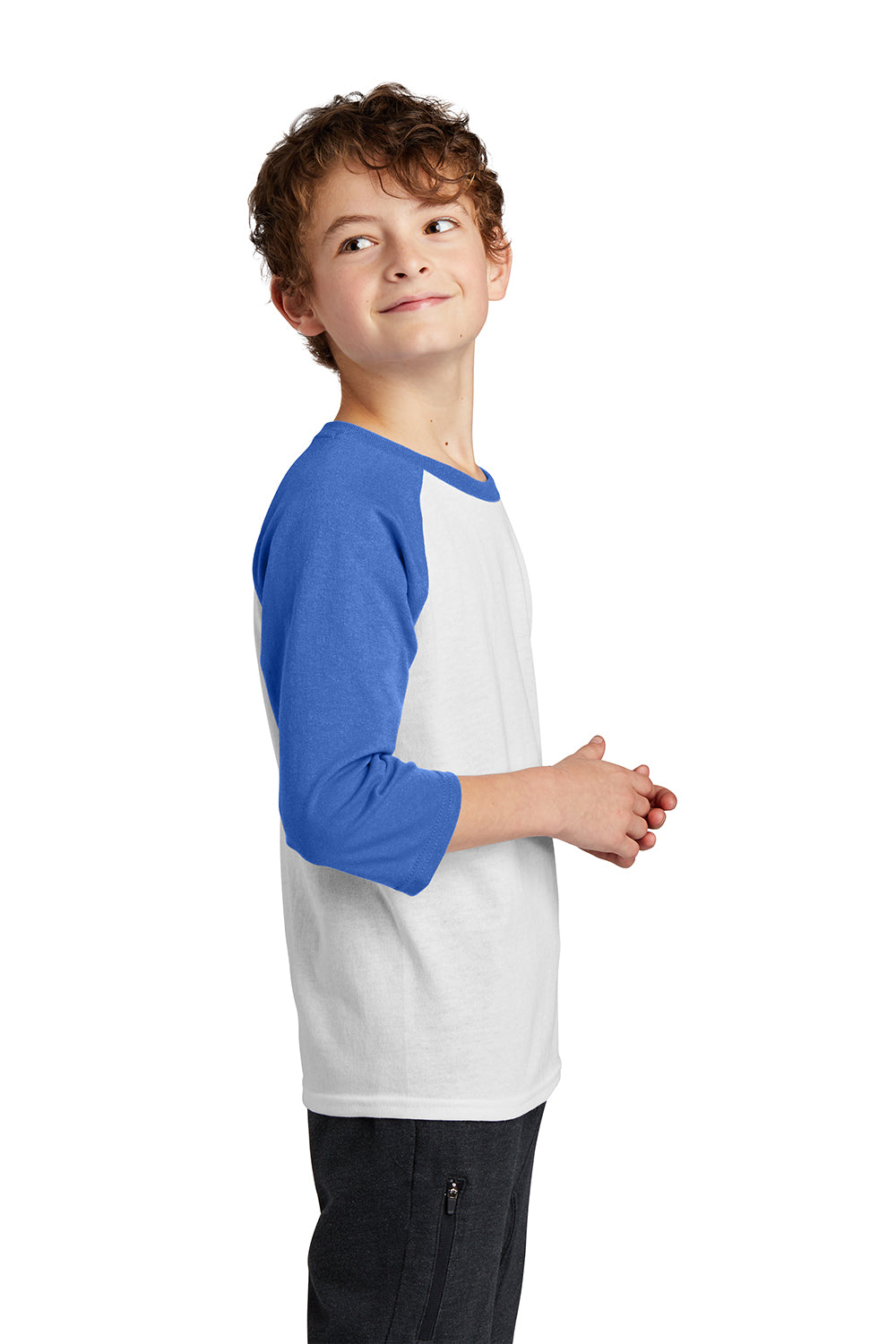 Port & Company PC55YRS Youth Core Moisture Wicking 3/4 Sleeve Crewneck T-Shirt White/Royal Blue Model Side