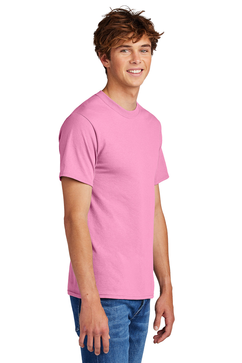 Port & Company PC55/PC55T Mens Core Short Sleeve Crewneck T-Shirt Candy Pink Model Side