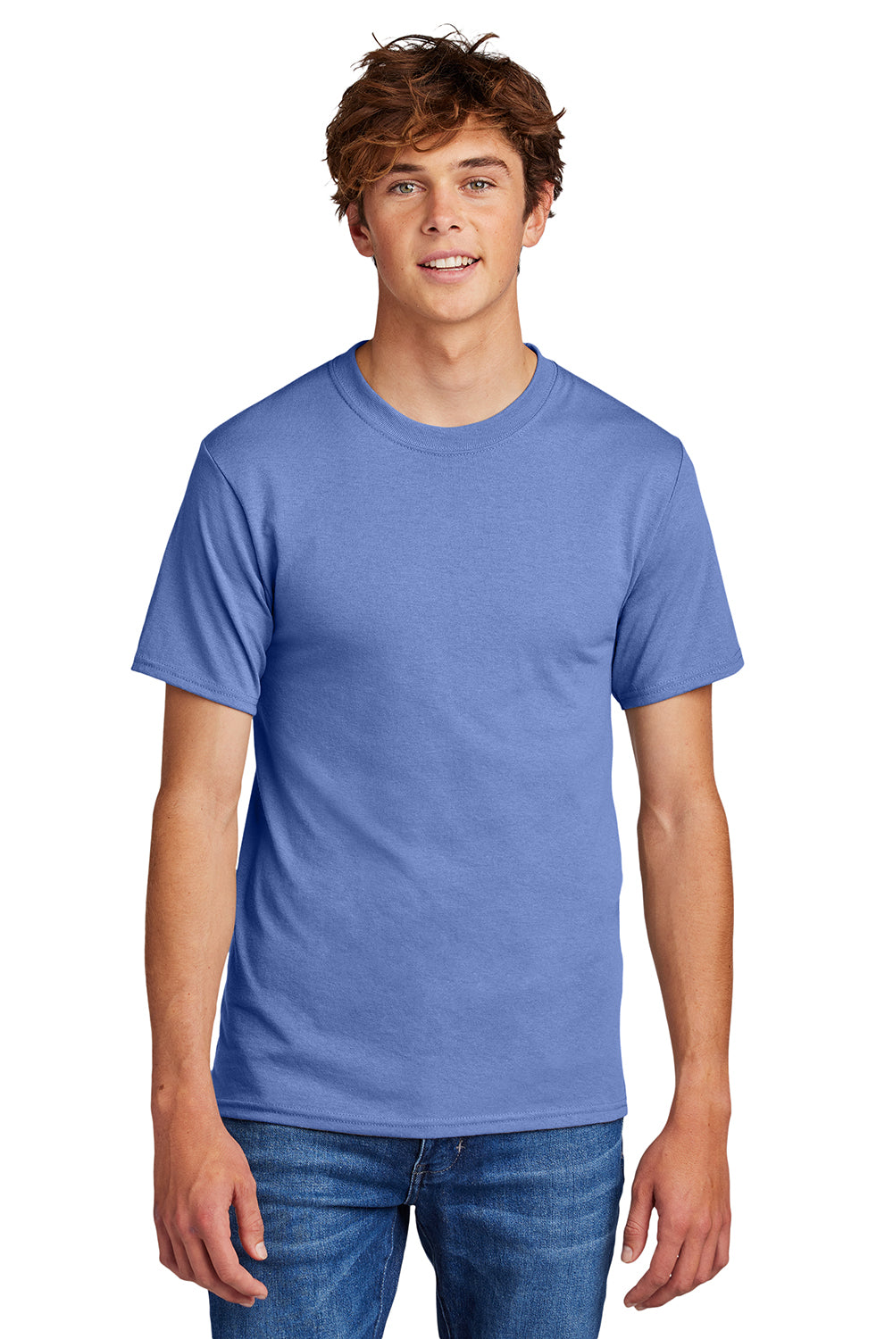 Port & Company PC55/PC55T Mens Core Short Sleeve Crewneck T-Shirt Carolina Blue Model Front