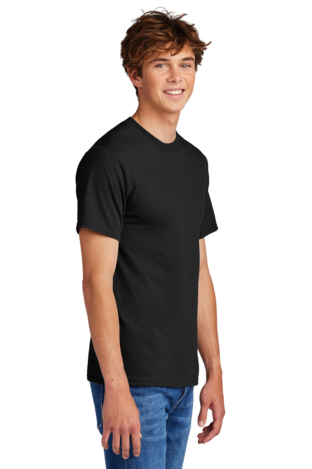 Port & Company PC55/PC55T Mens Core Short Sleeve Crewneck T-Shirt Jet Black Model Side